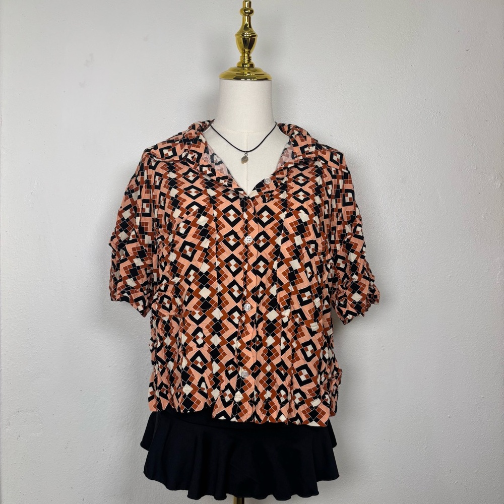 nina parker‎ plus short blouse rayon button front crop top M205 orange red black